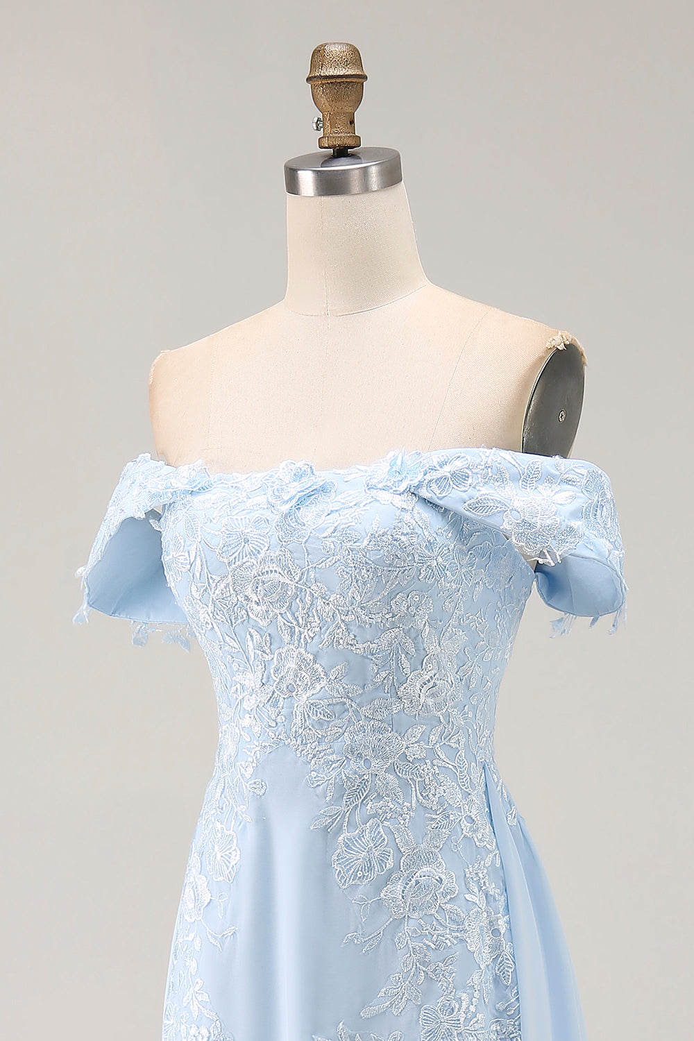 Elegant Sky Blue Sheath Off the Shoulder Chiffon Long Mother of the Bride with Appliques