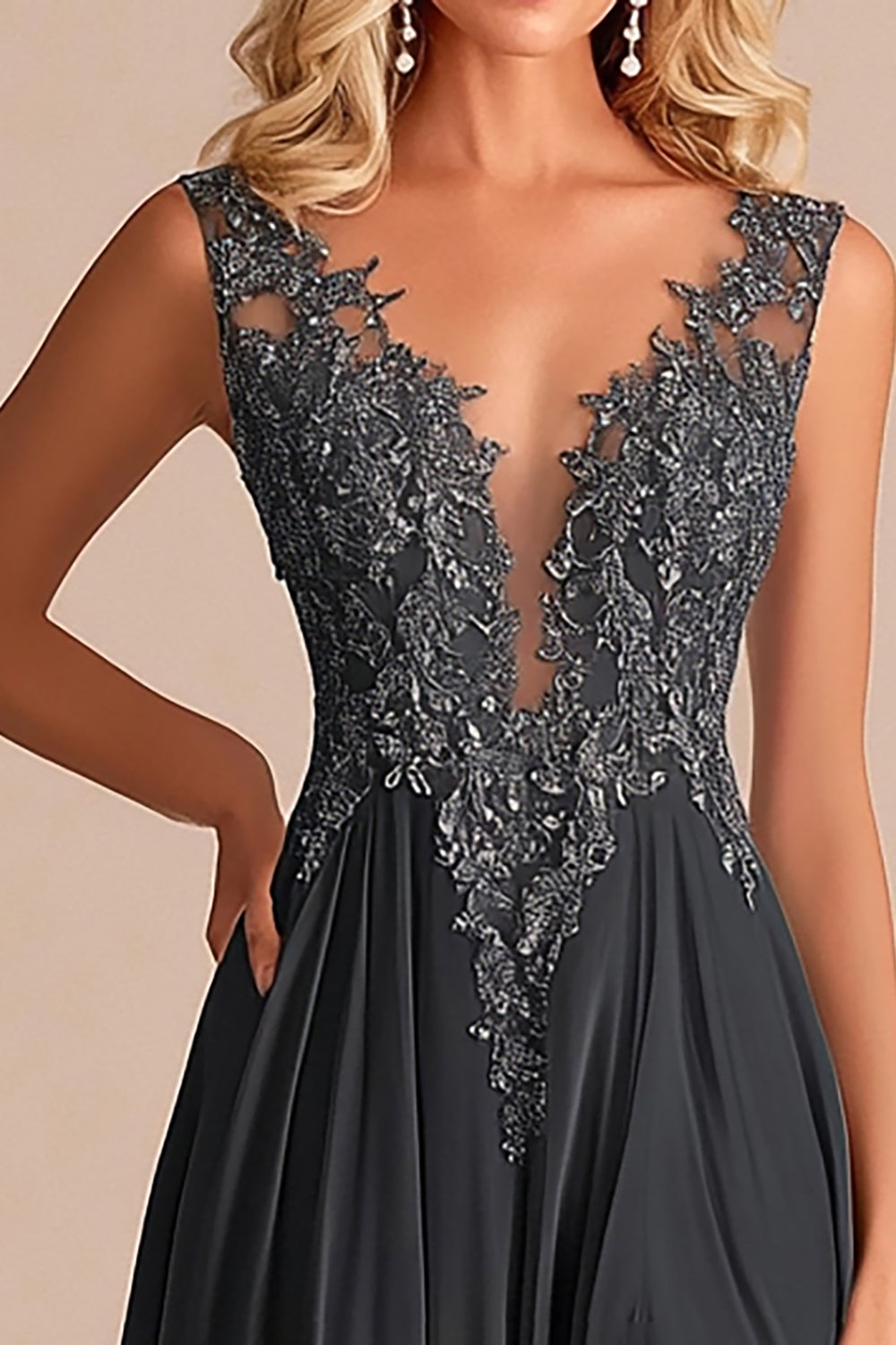 Charcoal A Line V-Neck Lace Applique Mother of the Bride Dress