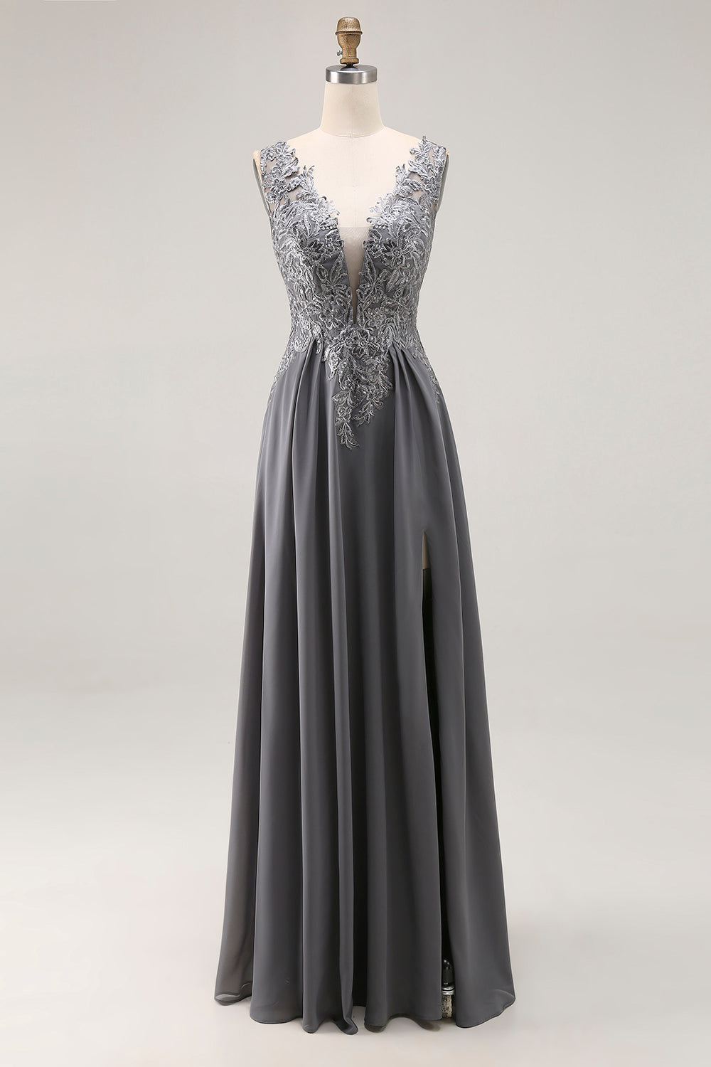 Charcoal A Line V-Neck Lace Applique Mother of the Bride Dress