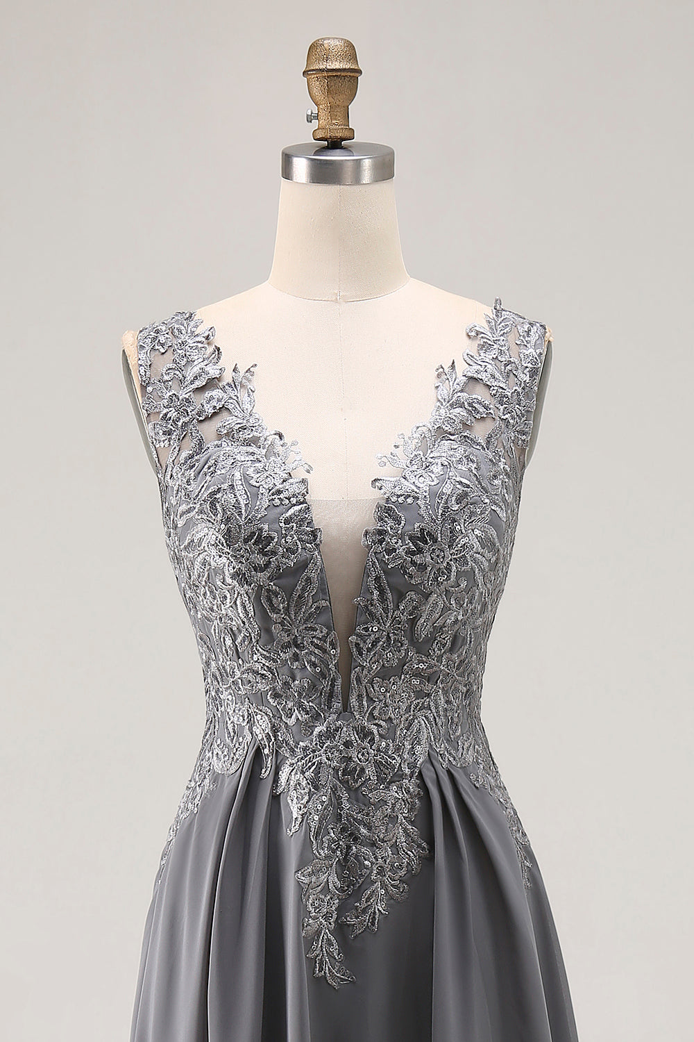 Charcoal A Line V-Neck Lace Applique Mother of the Bride Dress