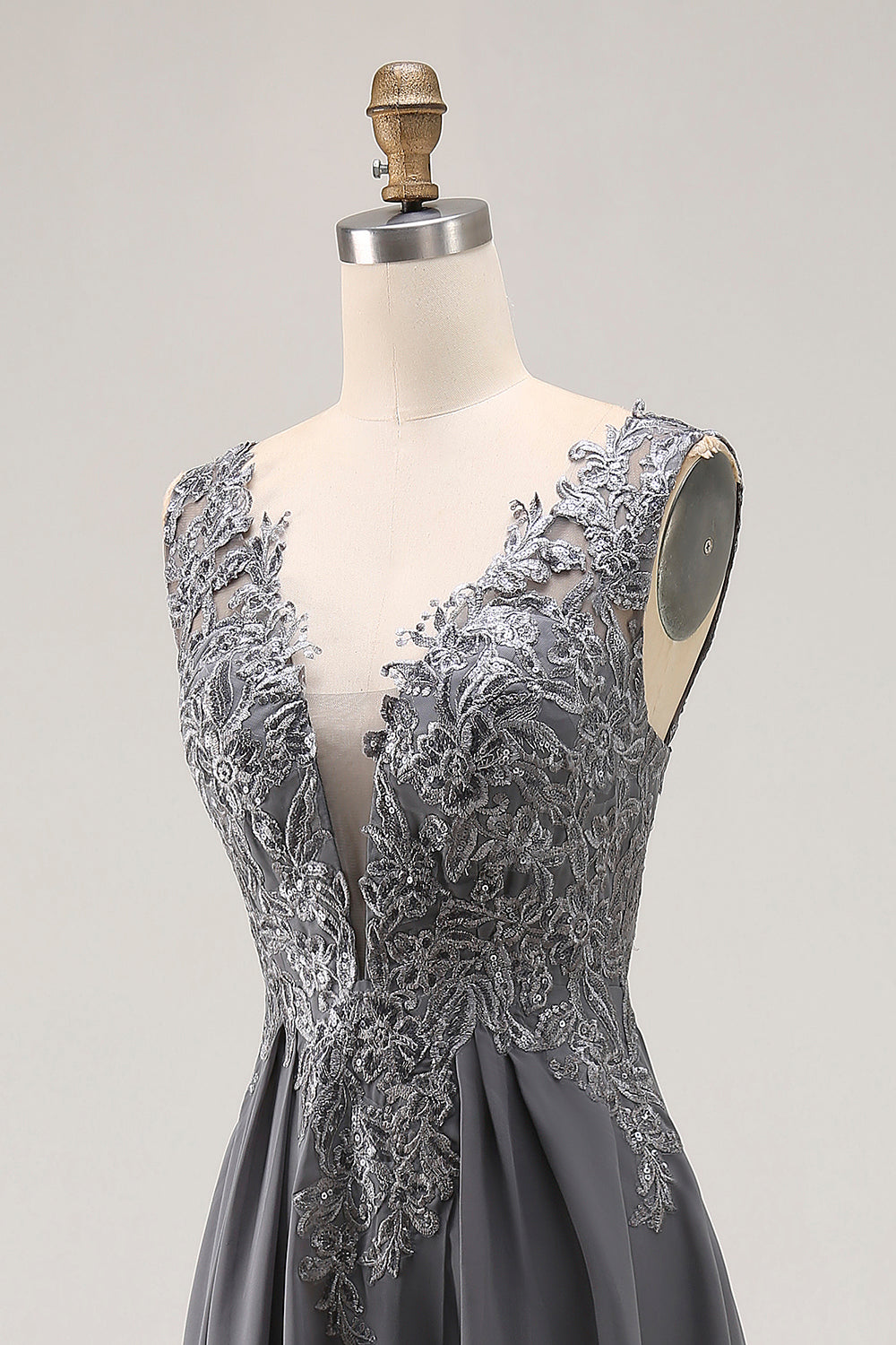 Charcoal A Line V-Neck Lace Applique Mother of the Bride Dress