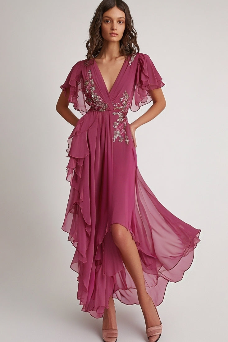 Embellished Dark Pink V Neck A-Line Floral Maxi Formal Dress with Ruffles