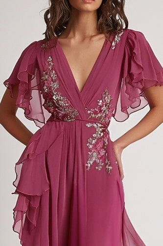 Embellished Dark Pink V Neck A-Line Floral Maxi Formal Dress with Ruffles