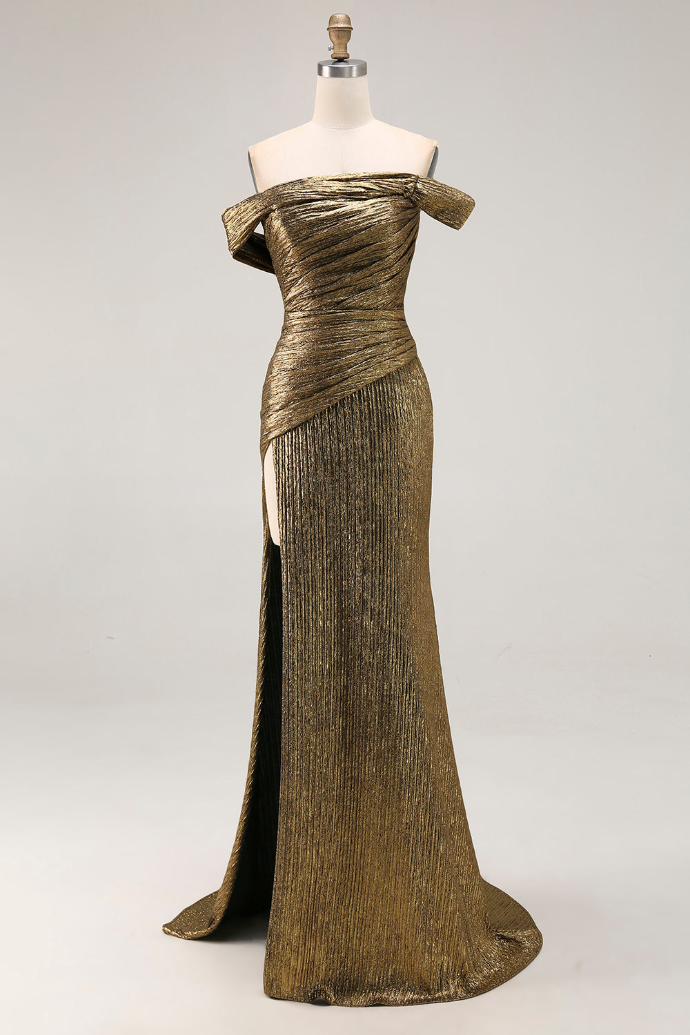 Off The Shoulder Metallic Gold Sheath Prom Dress With Slit