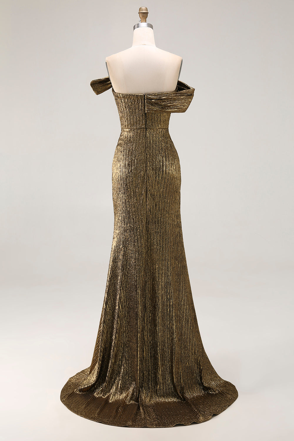 Off The Shoulder Metallic Gold Sheath Prom Dress With Slit