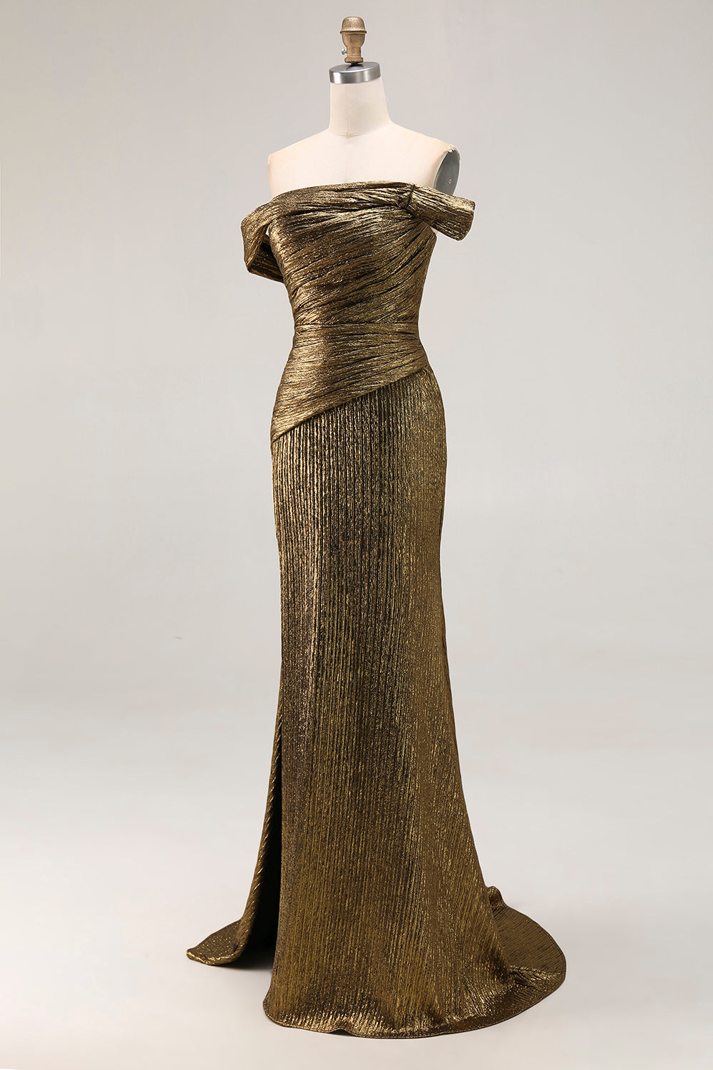 Off The Shoulder Metallic Gold Sheath Prom Dress With Slit