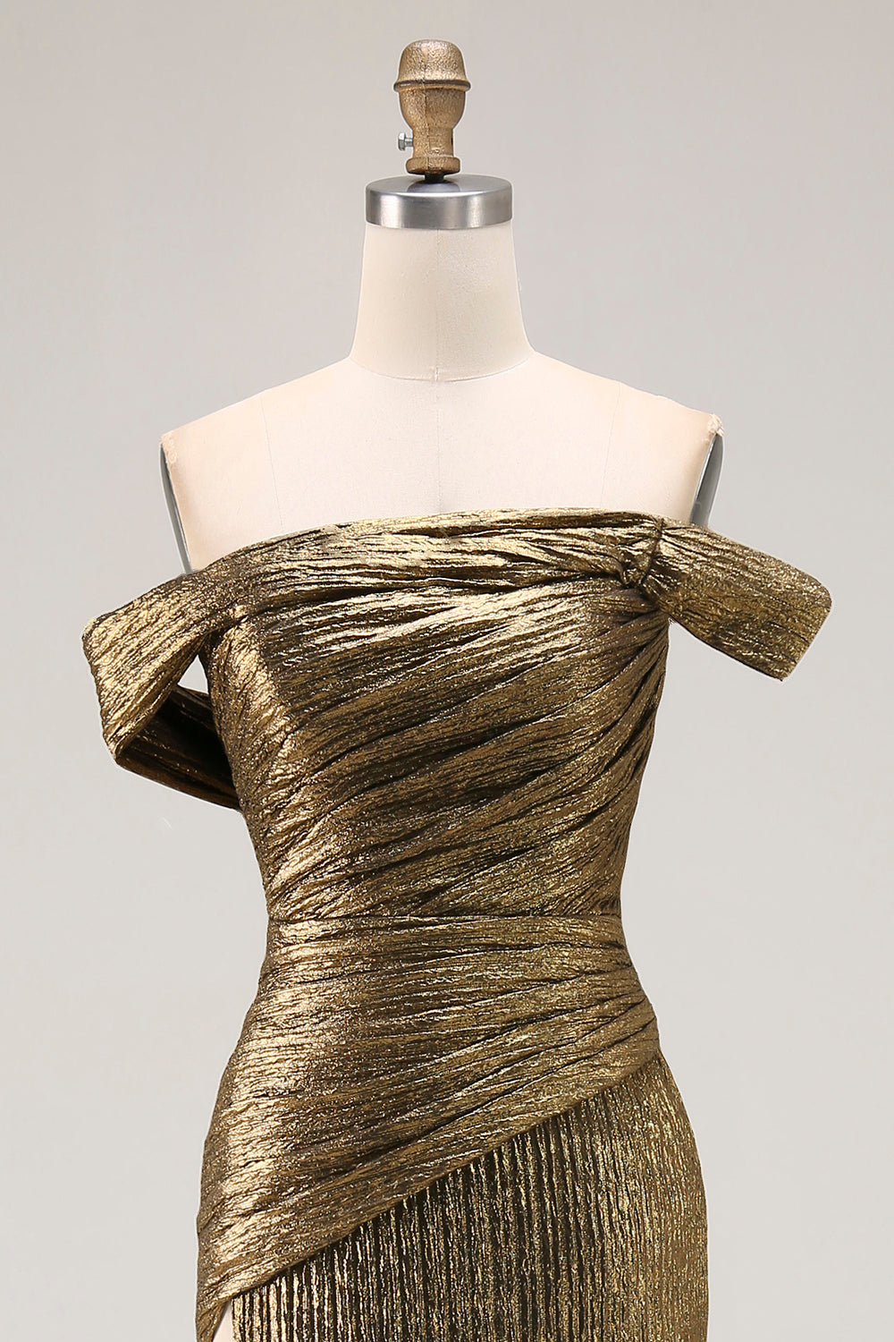 Off The Shoulder Metallic Gold Sheath Prom Dress With Slit