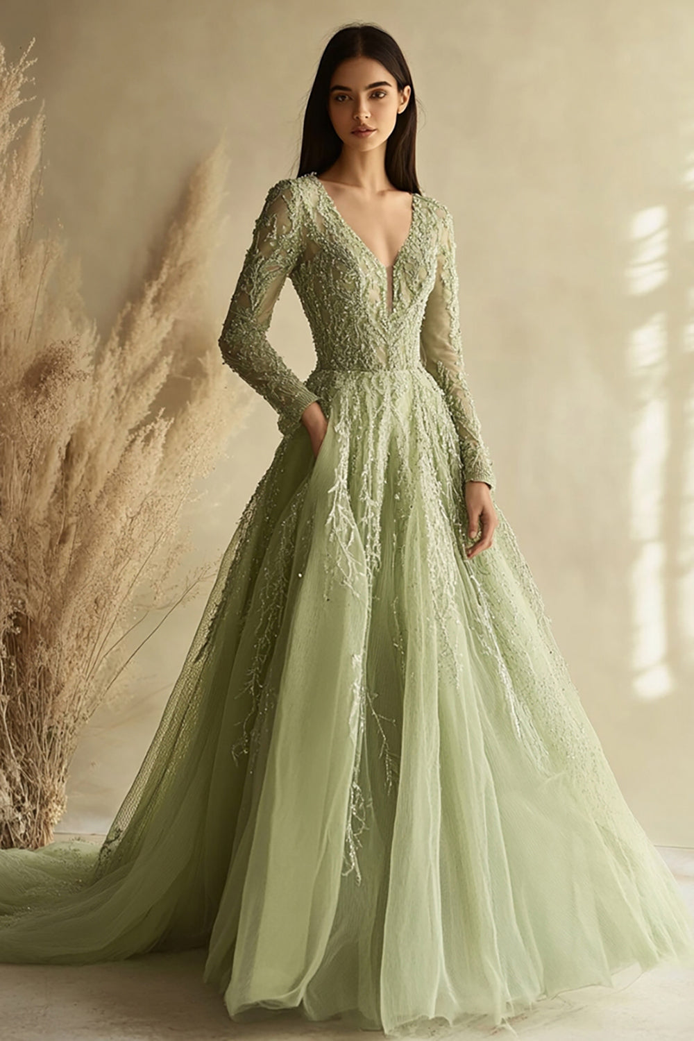 Dusty Sage A-Line Long-Sleeve V-Neck Tulle Prom Dress