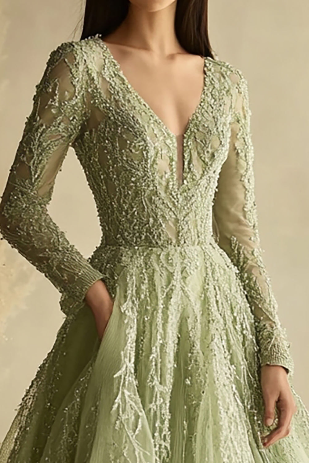 Dusty Sage A-Line Long-Sleeve V-Neck Tulle Prom Dress