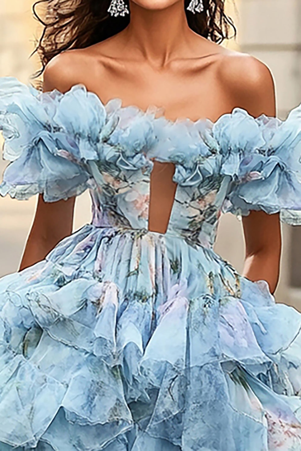 Robe longue de bal à volants, ligne A, épaules dénudées, à motif floral bleu