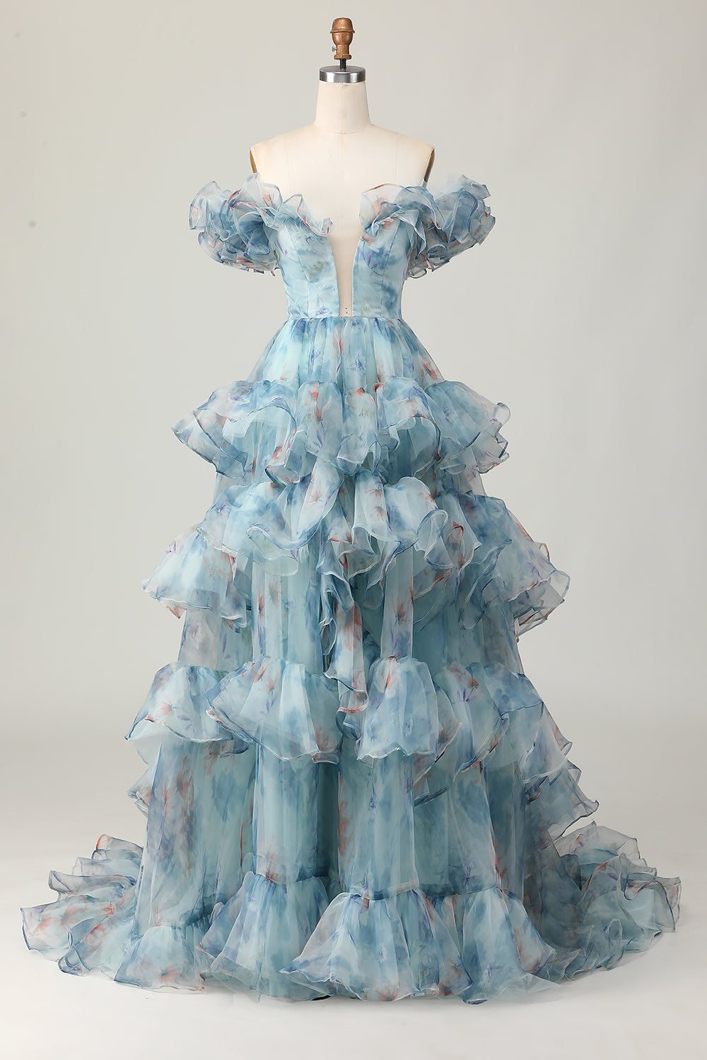 Robe longue de bal à volants, ligne A, épaules dénudées, à motif floral bleu