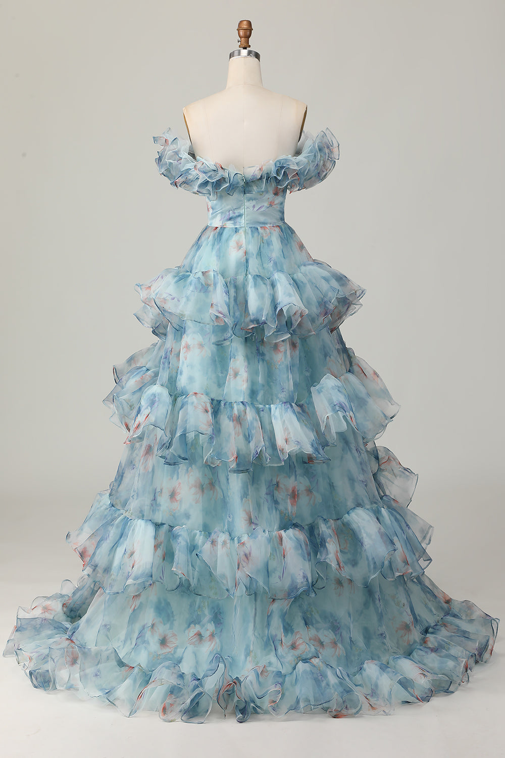 Robe longue de bal à volants, ligne A, épaules dénudées, à motif floral bleu