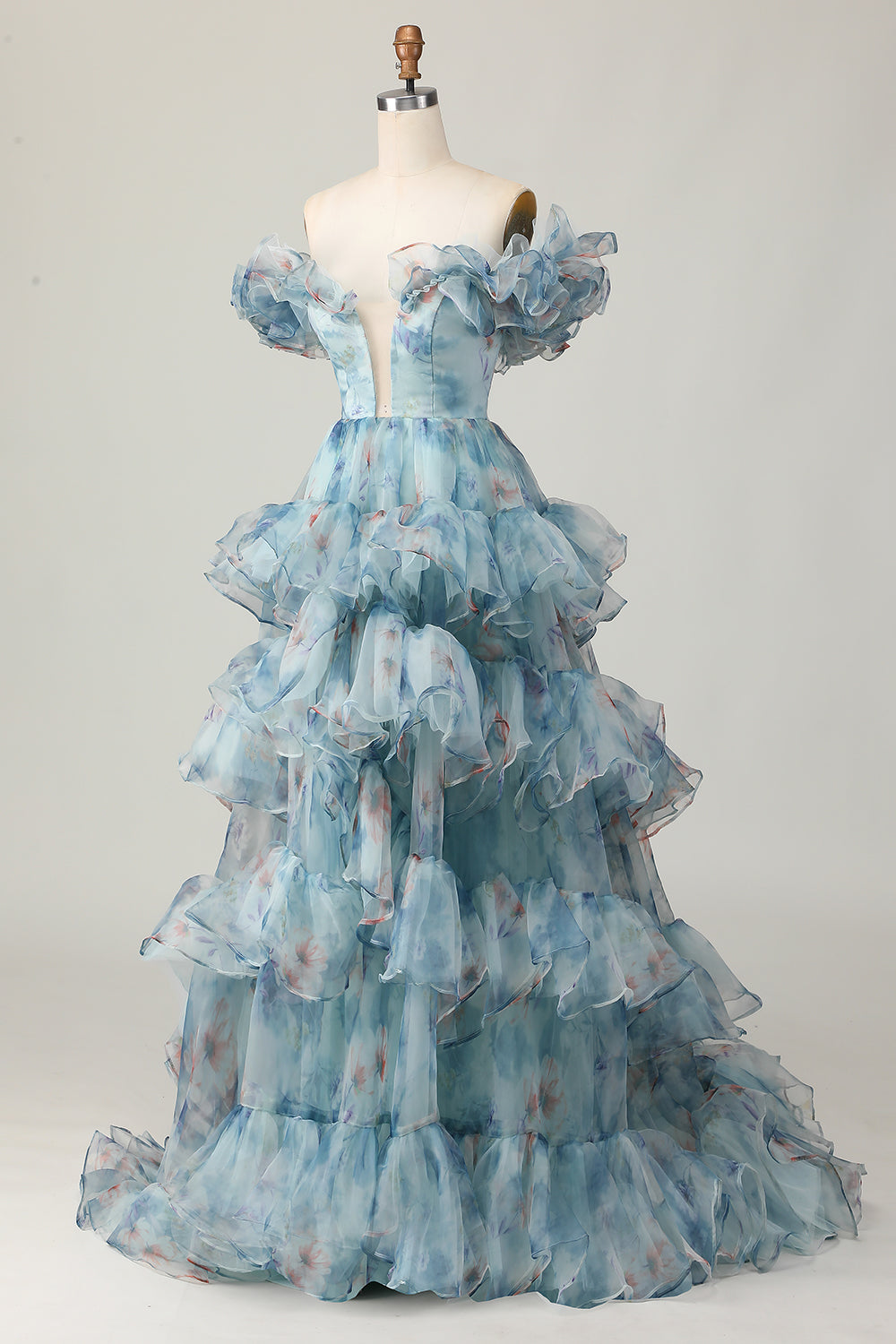 Robe longue de bal à volants, ligne A, épaules dénudées, à motif floral bleu