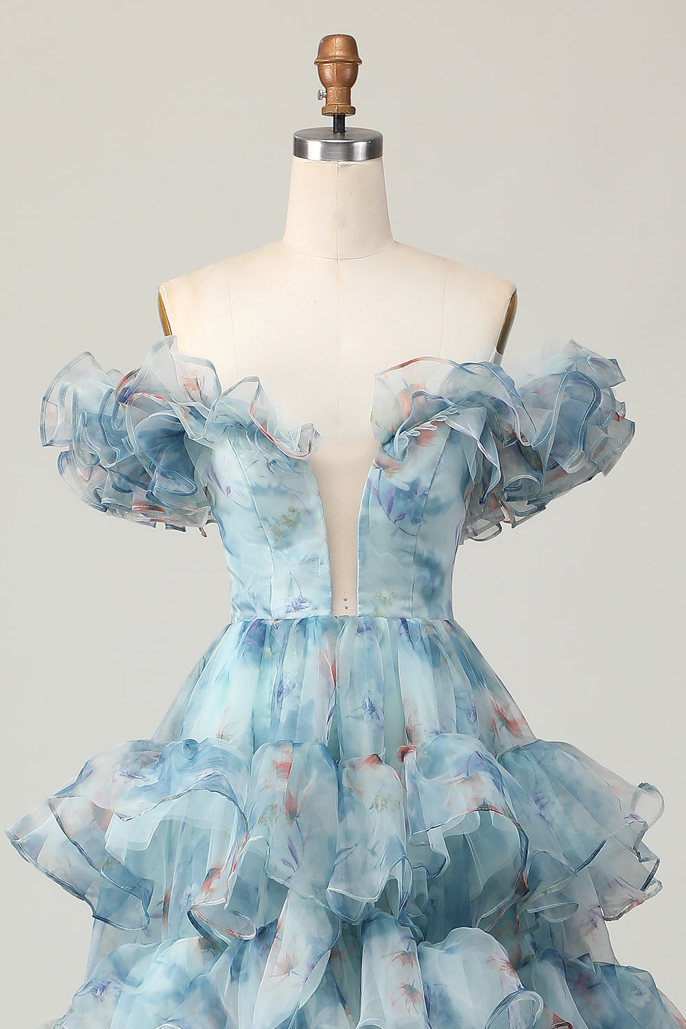 Robe longue de bal à volants, ligne A, épaules dénudées, à motif floral bleu