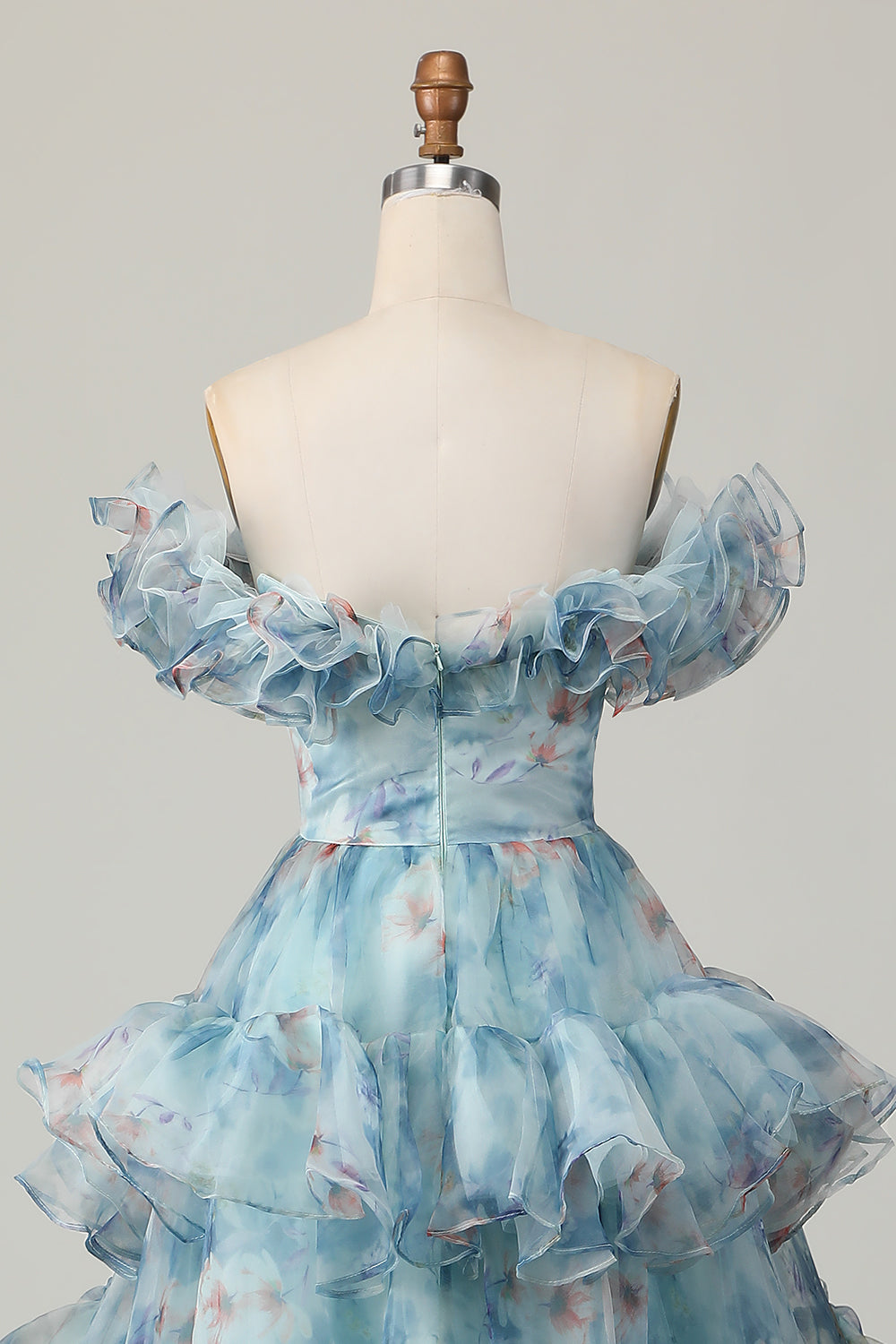 Robe longue de bal à volants, ligne A, épaules dénudées, à motif floral bleu