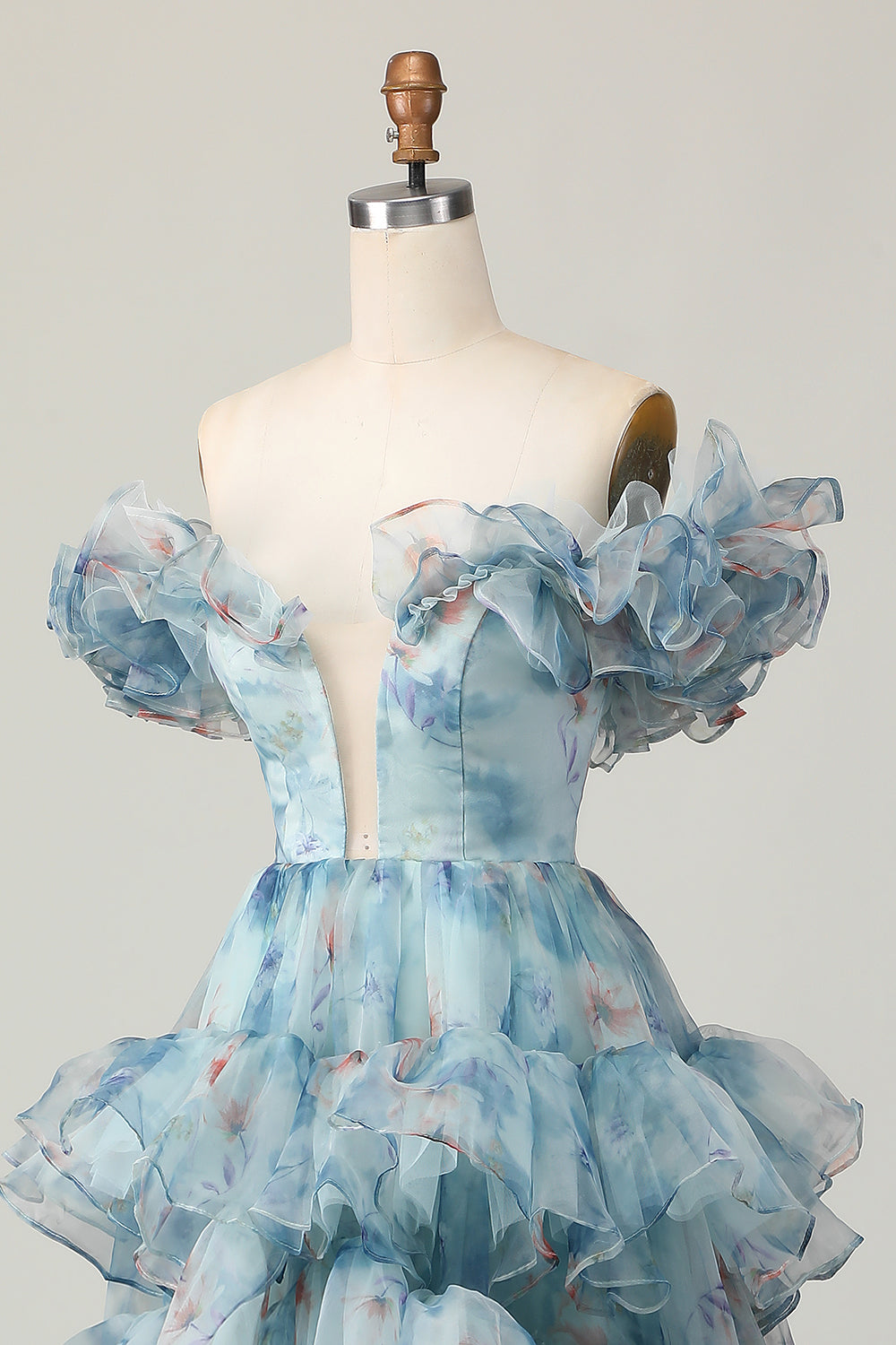 Robe longue de bal à volants, ligne A, épaules dénudées, à motif floral bleu