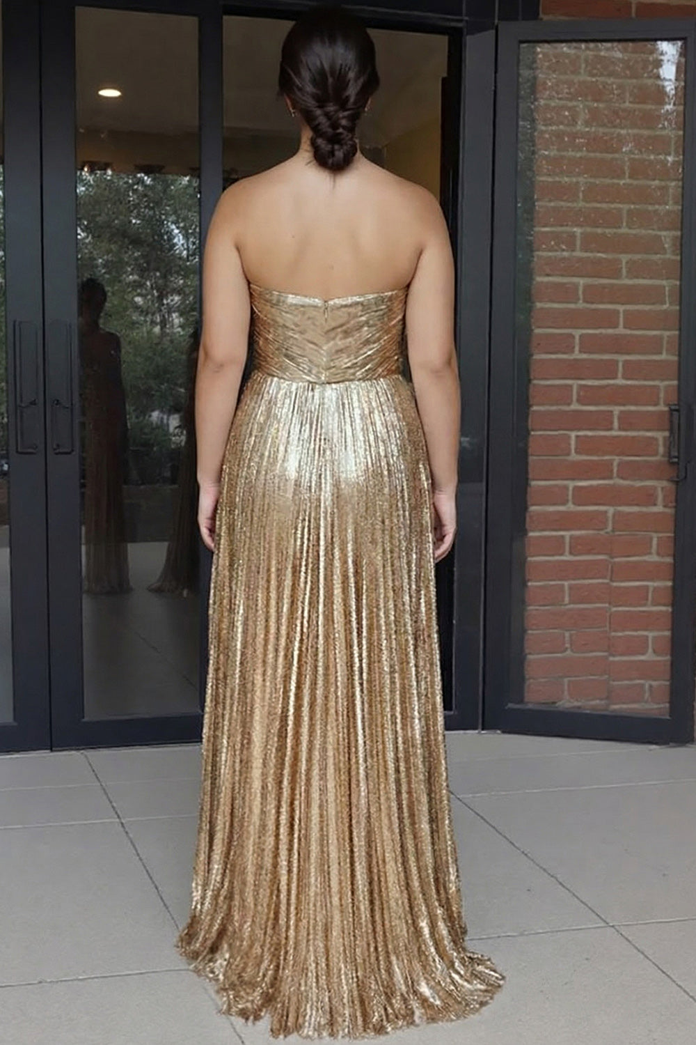 Metallic Gold Pleated A-Line Sweetheart Long Plus Size Prom Dress