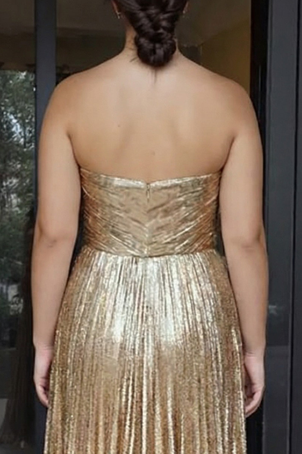 Metallic Gold Pleated A-Line Sweetheart Long Plus Size Prom Dress
