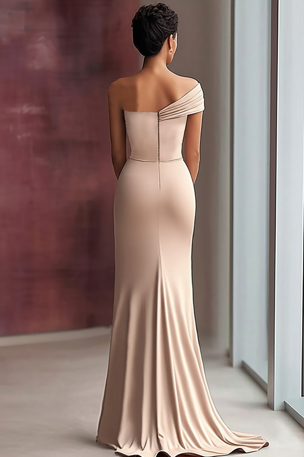 Robe de gala fourreau asymétrique plissée en jersey kaki clair