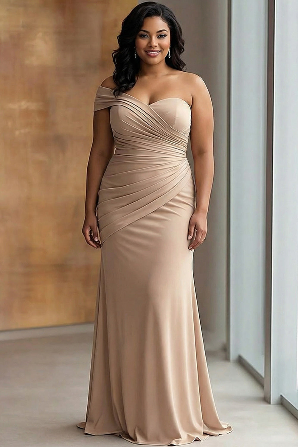Robe de gala fourreau asymétrique plissée en jersey kaki clair