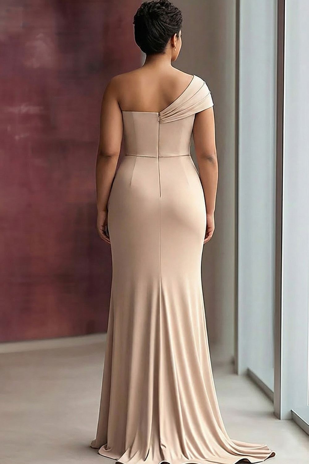Robe de gala fourreau asymétrique plissée en jersey kaki clair