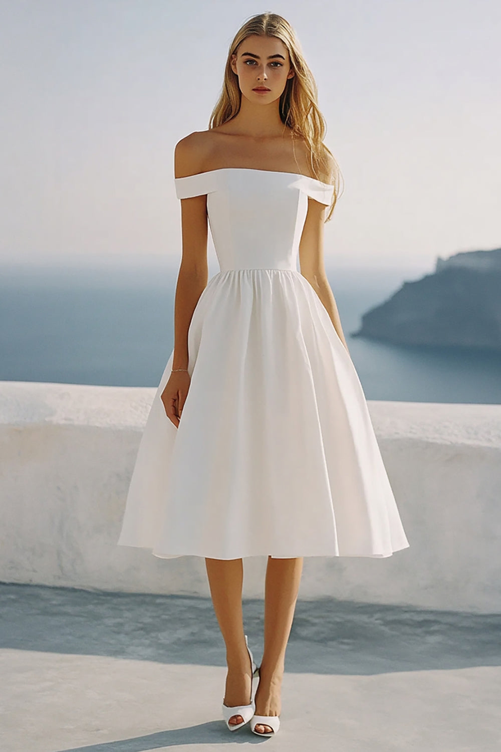 Robe de bal de fin d'année blanche trapèze à épaules dénudées