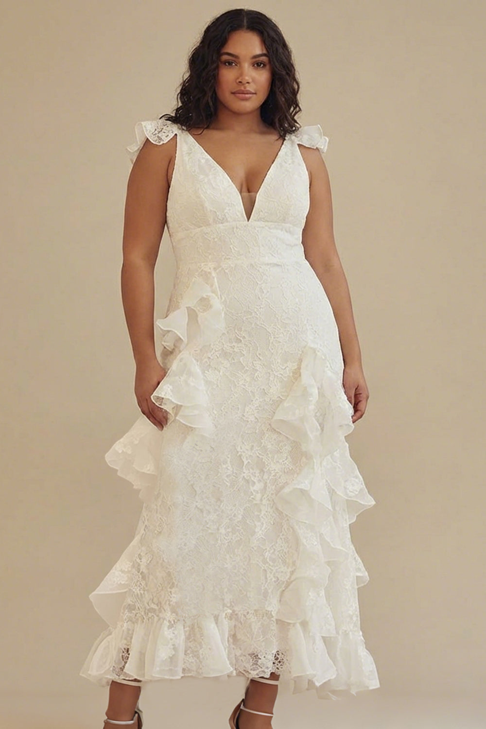 White A-Line Ruffled V-Neck Plus Size White Dress with Lace
