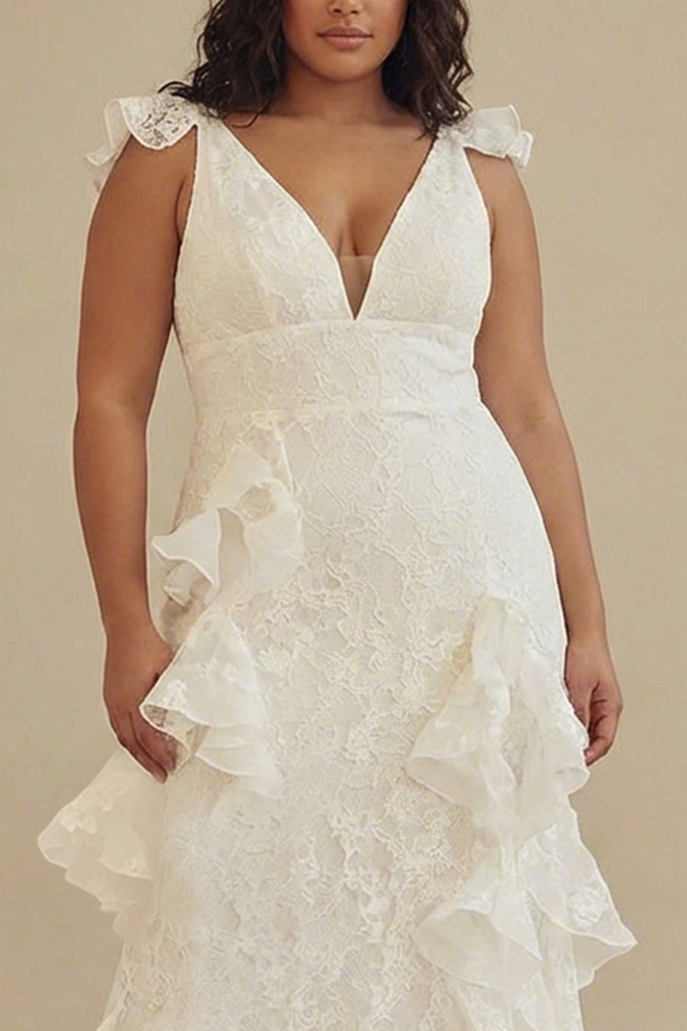 White A-Line Ruffled V-Neck Plus Size White Dress with Lace