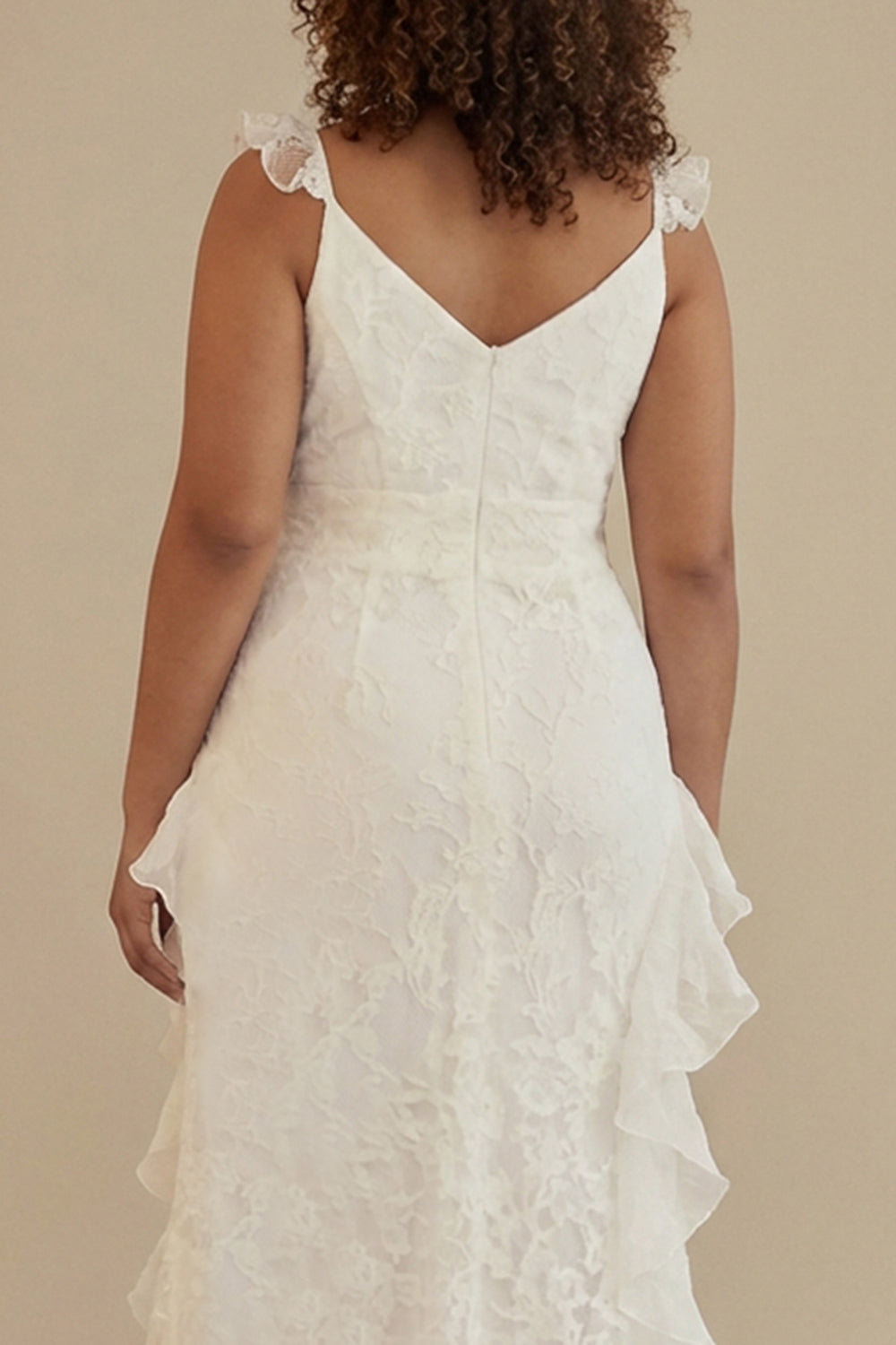 White A-Line Ruffled V-Neck Plus Size White Dress with Lace