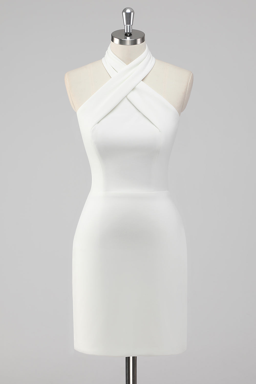 Halter Neck A-Line Satin Knee Length Little White Dress