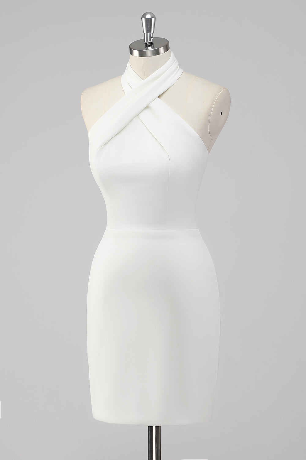 Halter Neck A-Line Satin Knee Length Little White Dress