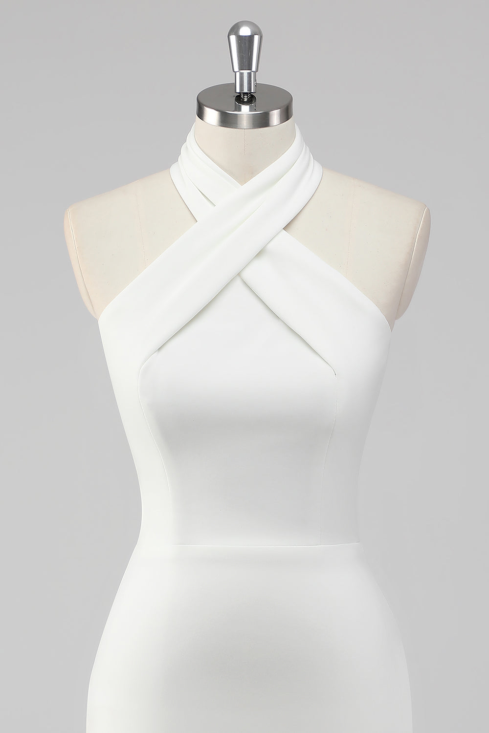 Halter Neck A-Line Satin Knee Length Little White Dress