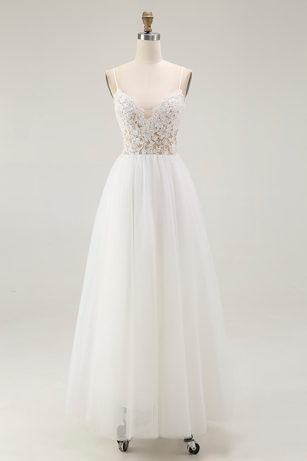 White A-Line Spaghetti Strap Plus Size Tulle Engagement Dress with Lace