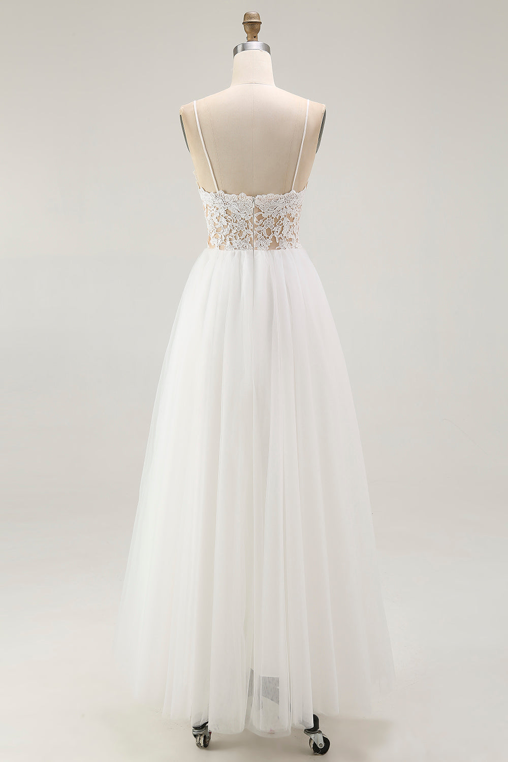 White A-Line Spaghetti Strap Plus Size Tulle Engagement Dress with Lace