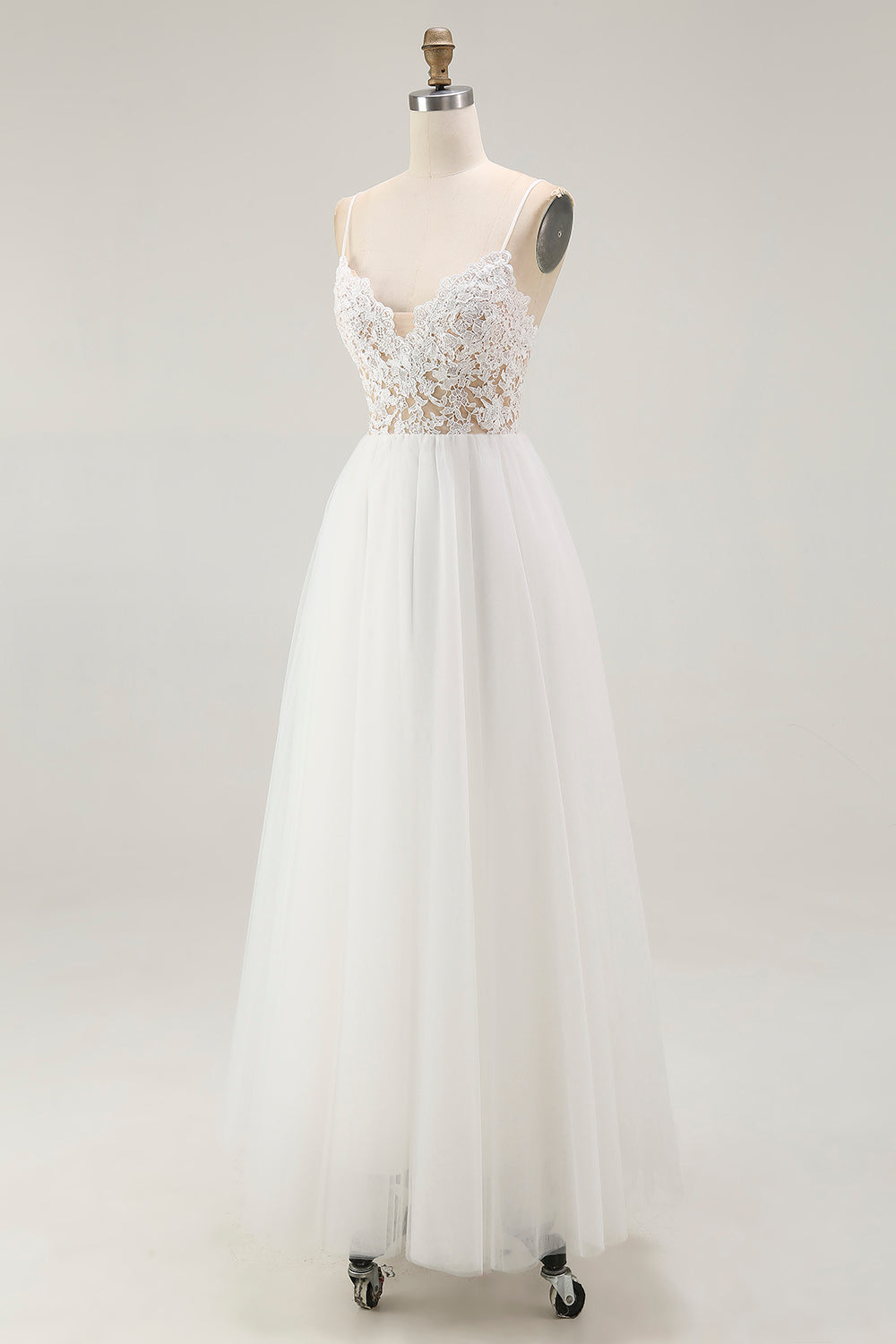 White A-Line Spaghetti Strap Plus Size Tulle Engagement Dress with Lace