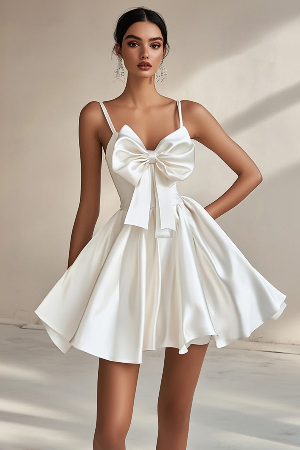 A-Line White Spaghetti Strap Graduation Dress With Bows