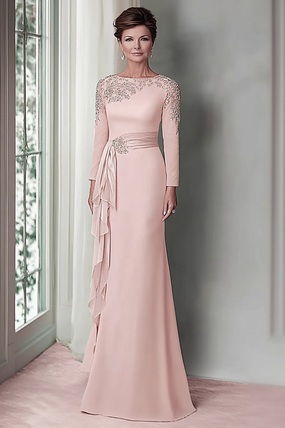 Robe fourreau en dentelle rose poudré avec manches longues pour la mère de la mariée