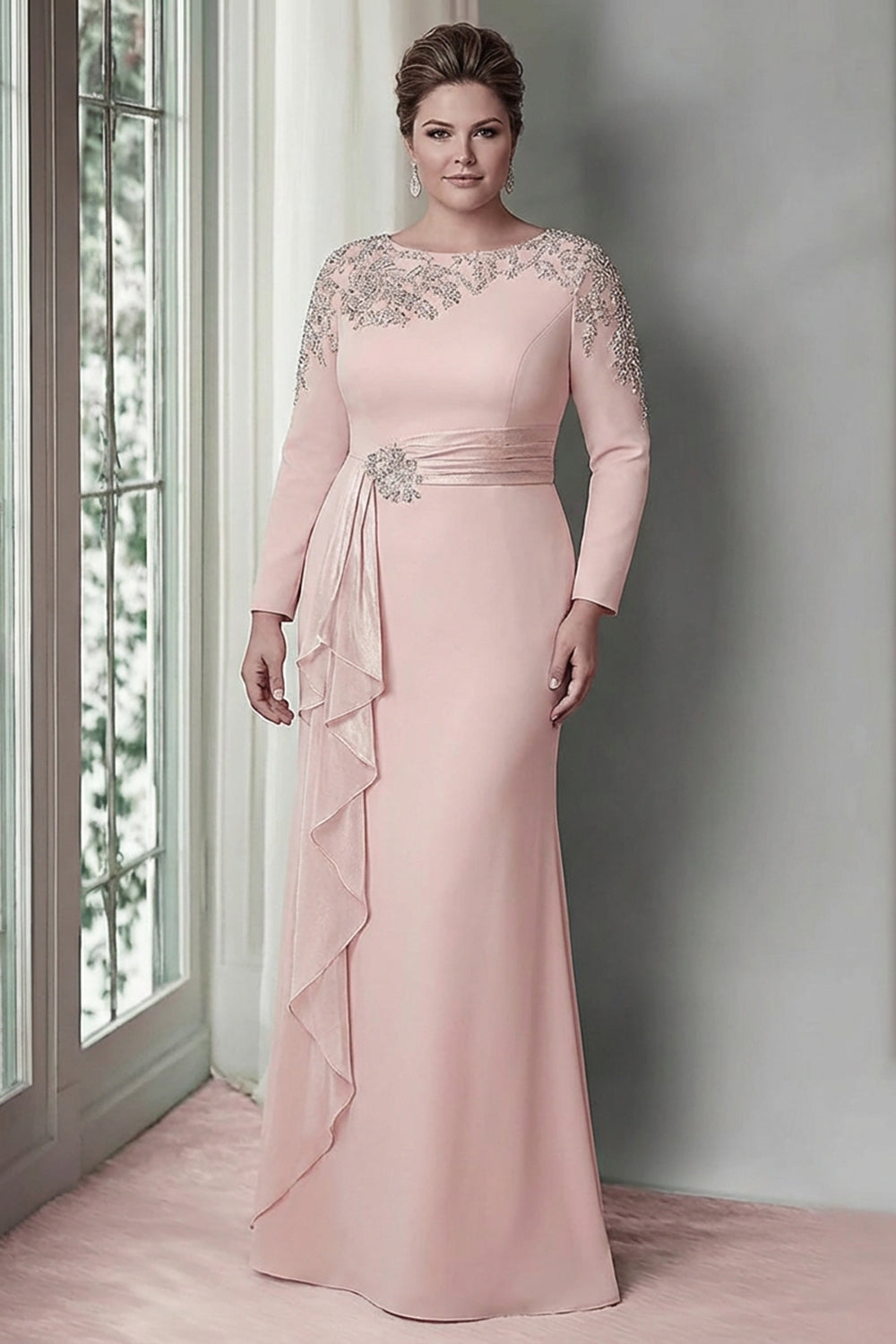 Blush Long Sleeves Sheath Mother Of The Bride Dress with Sequins