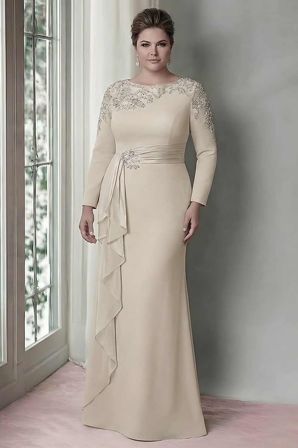 Blush Long Sleeves Sheath Mother Of The Bride Dress with Sequins