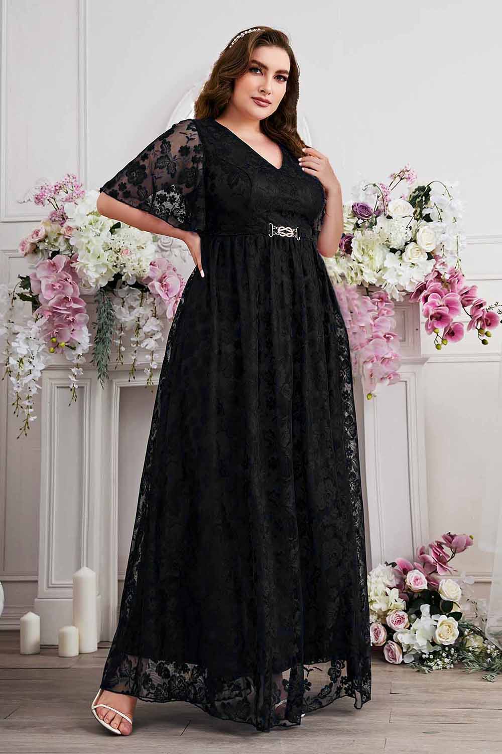Navy A-Line Lace V-Neck Short Sleeves Long Mother of the Bride Dress