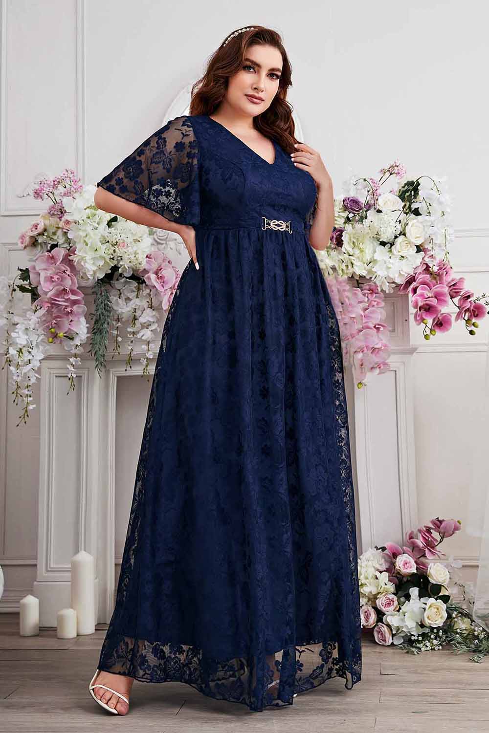 Navy A-Line Lace V-Neck Short Sleeves Long Mother of the Bride Dress