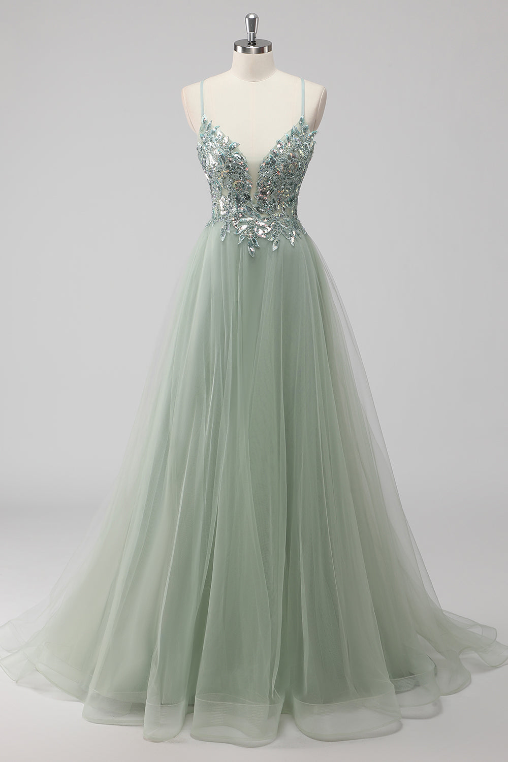 Pink A-Line Spaghetti Straps Tulle Long Prom Dress with Sequined Appliques