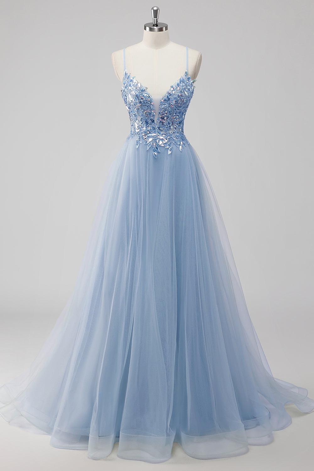 Pink A-Line Spaghetti Straps Tulle Long Prom Dress with Sequined Appliques