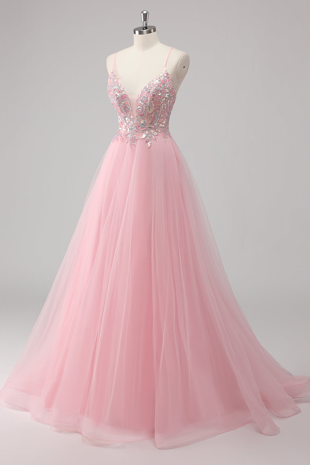Pink A-Line Spaghetti Straps Tulle Long Prom Dress with Sequined Appliques