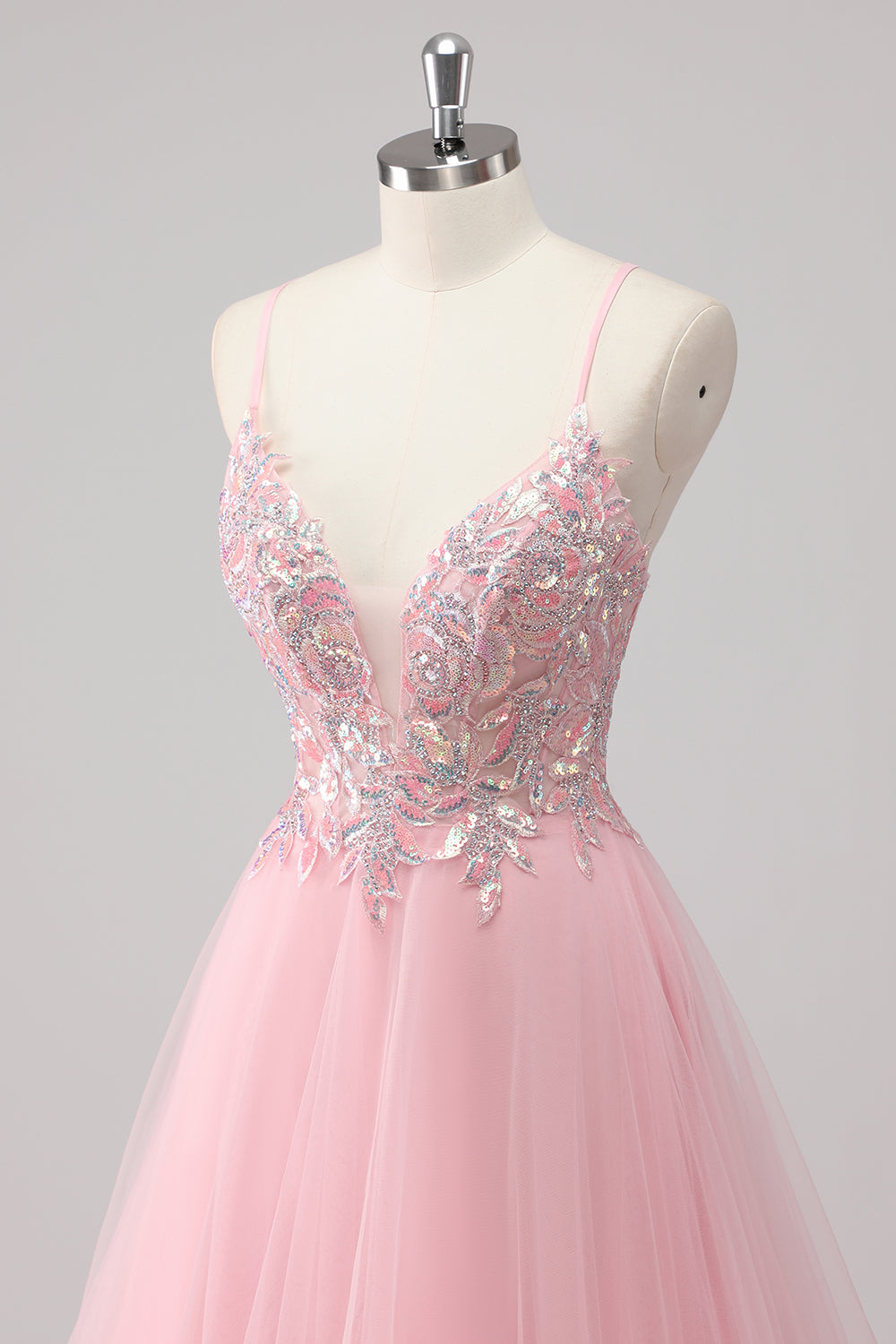 Pink A-Line Spaghetti Straps Tulle Long Prom Dress with Sequined Appliques