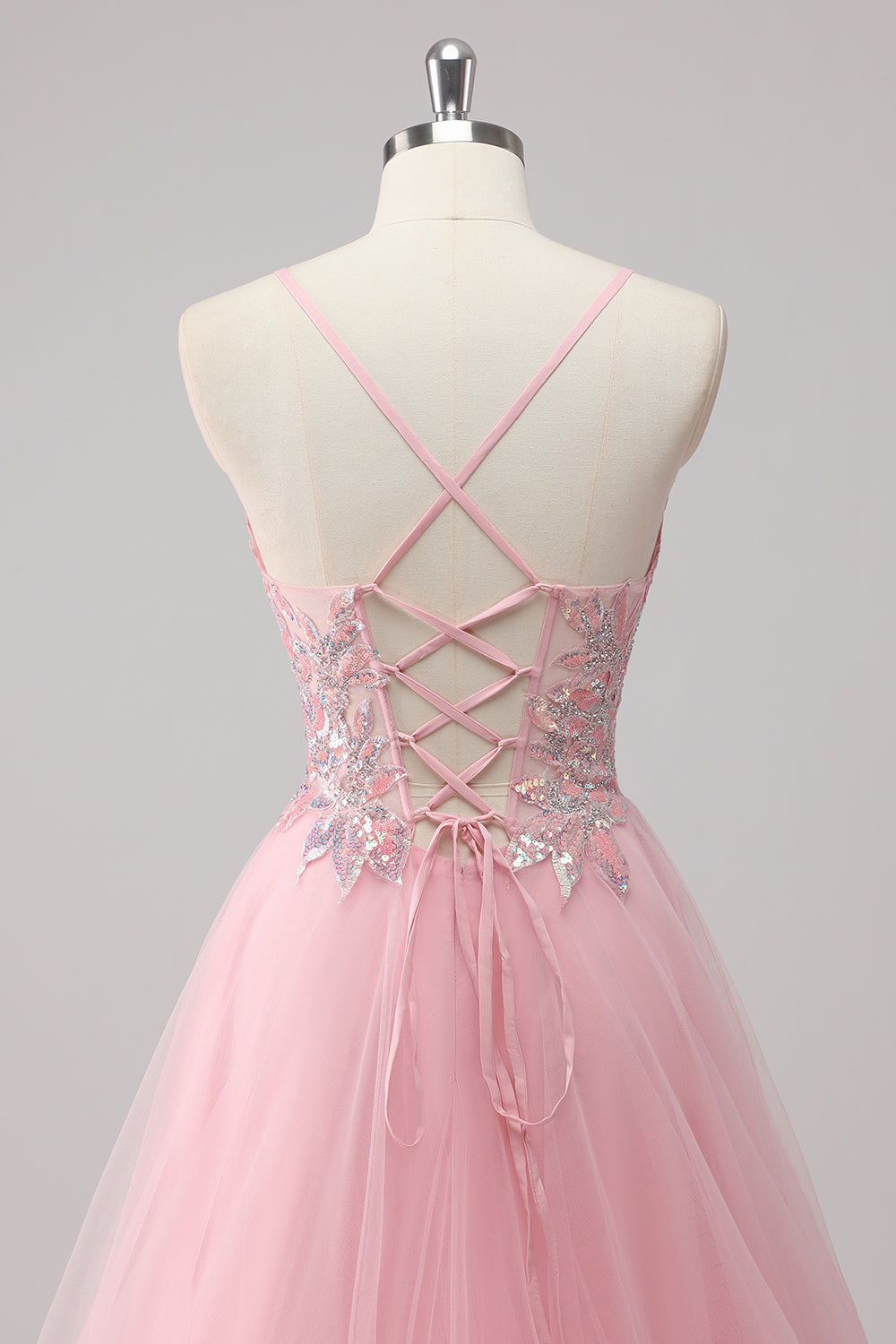 Pink A-Line Spaghetti Straps Tulle Long Prom Dress with Sequined Appliques