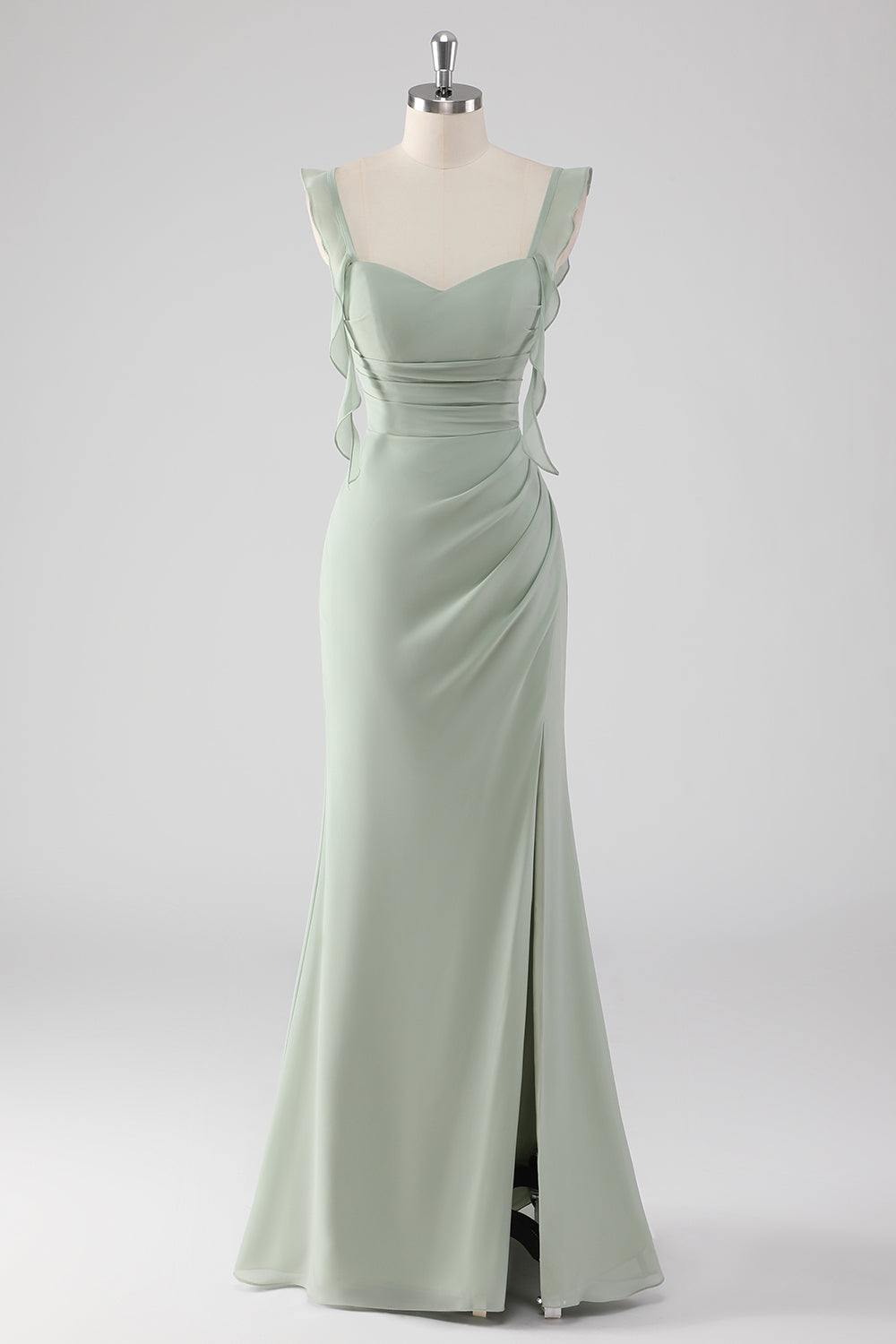 Sage Green Ruffled Sheath Lace-Up Back Long Bridesmaid Dress with Slit