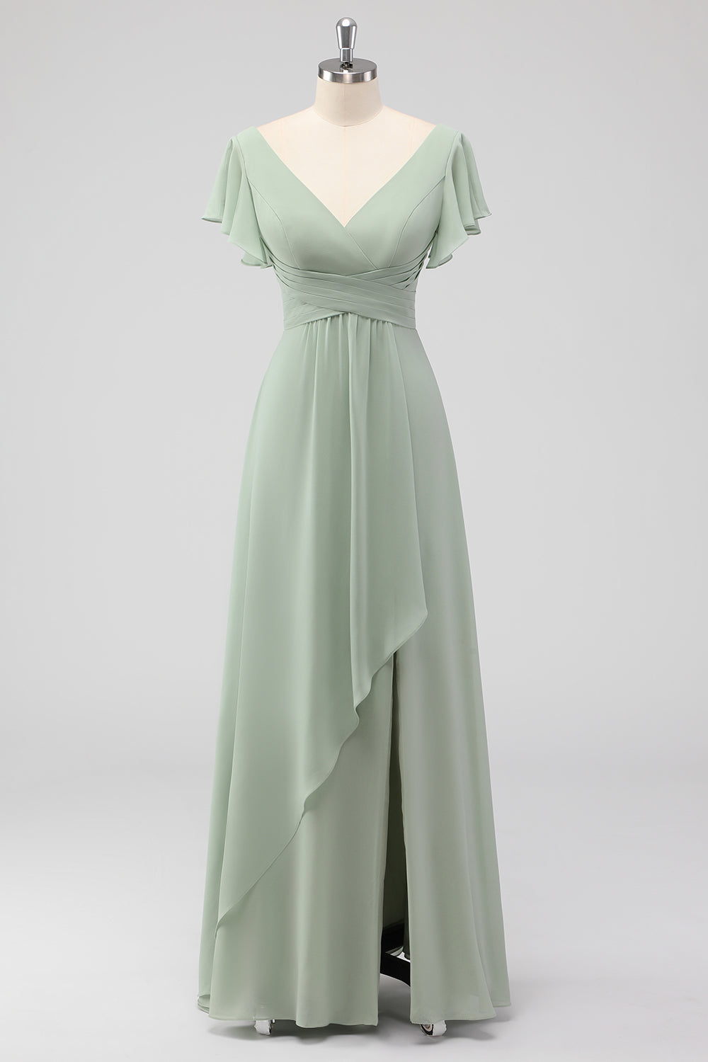 Sage Green A-Line Flutter Sleeves Long Chiffon Choir Dress with Slit