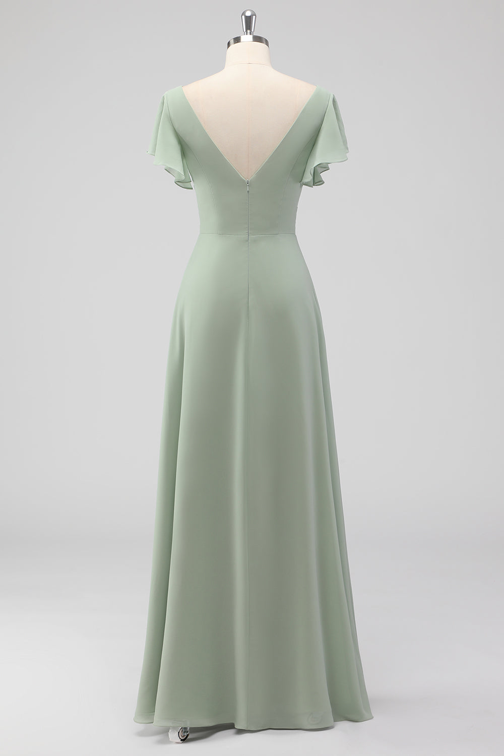 Sage Green A-Line Flutter Sleeves Long Chiffon Choir Dress with Slit