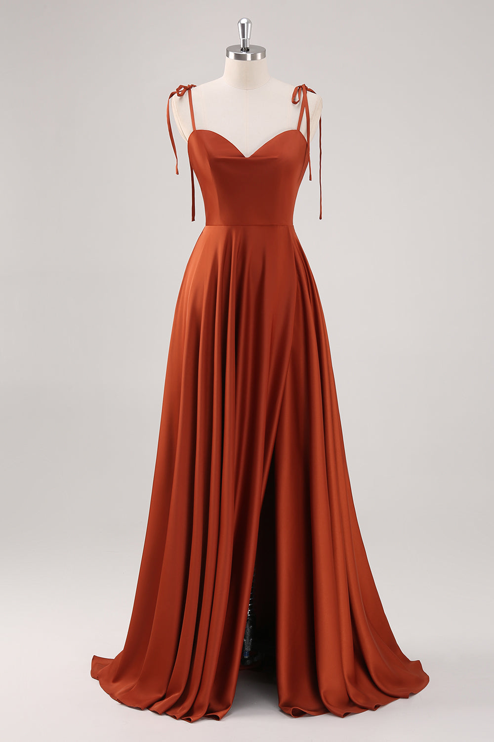 Rust Pleated A-Line Spaghetti Strap Bridesmaid Dress with Slit